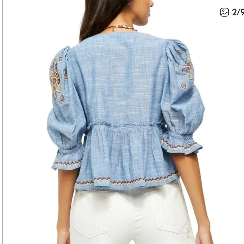 Free‎ People Tallulah Embroidered Chambray Peplum Top Blue XS Bohemian Tassel